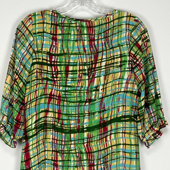 KindLikeLove Womans Green Abstract Plaid Mini Shift Dress Bow Ruffle size Small - Picture 6 of 10